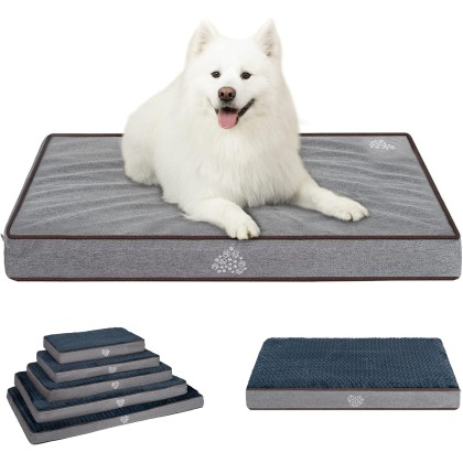 Dog Bed Soft Crate Pad Mat Reversible Cool & Warm, Washable Comfy Kennel Pad with Orthopedic Egg-Crate Foam for Small Medium Large Dogs, Water-Resistant Pet Bed, Gray/Dark Blue