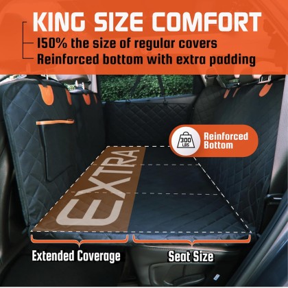 Large Backseat Cover for Dogs. Car Seat Extender with Hard Reinforced Bottom & Mesh. Heavy Duty Hammock. Large Side Flaps- Full Car/SUV Protection- Doors, Backseat & Floor. Waterproof, Washable.