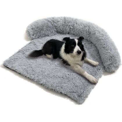 Luxurious Calming Fluffy Plush Dog Couch Bed mats for Pets Dog for sofa Mat Furniture Protector with Cover for Large Medium Small Dogs Anti Anxiety Dog Bed Pet Mat (Light Gray, 37.4"L x 31"W x5.3 "Th)